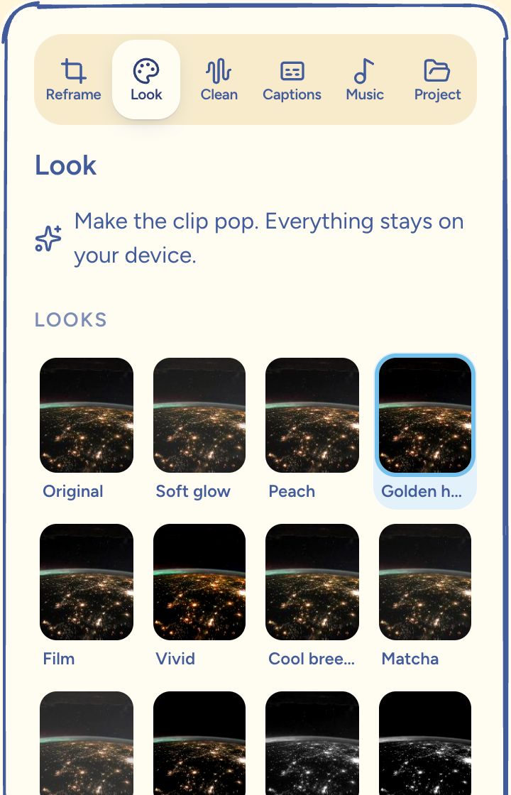 The Look panel with color look swatches and a strength slider