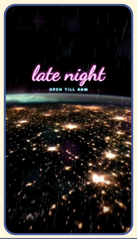 A neon frame and neon sign overlay on night footage