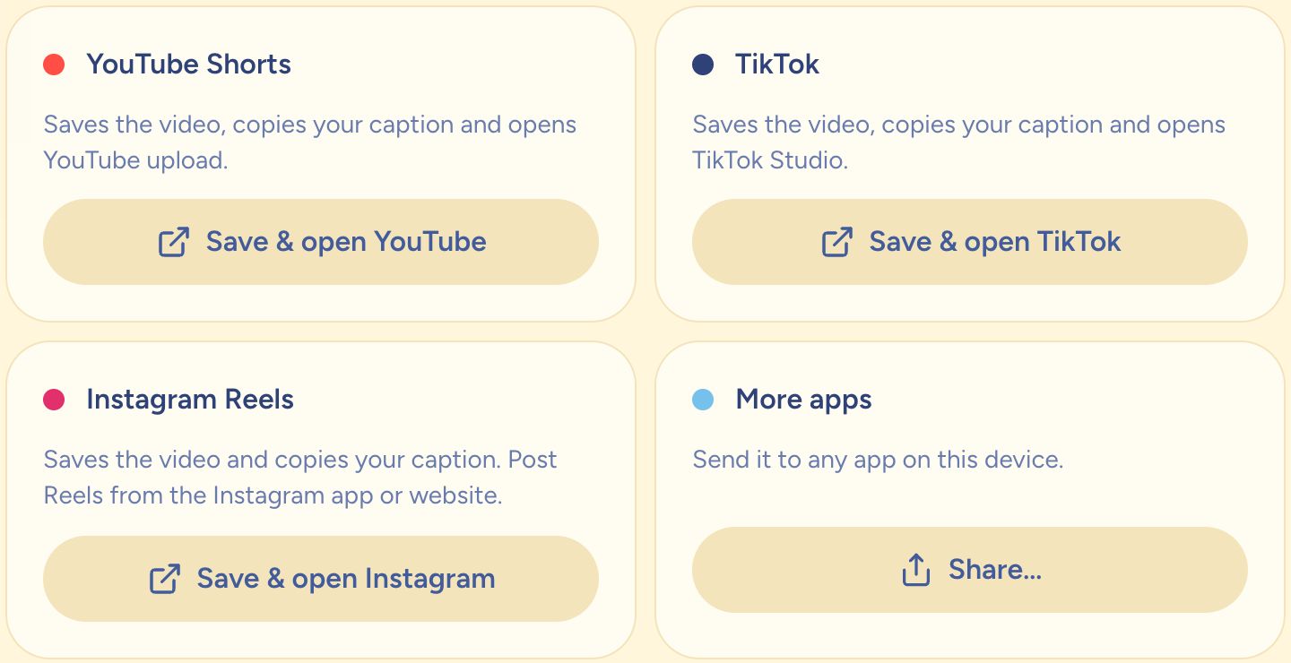 Post options for YouTube Shorts, TikTok, Instagram Reels and other apps