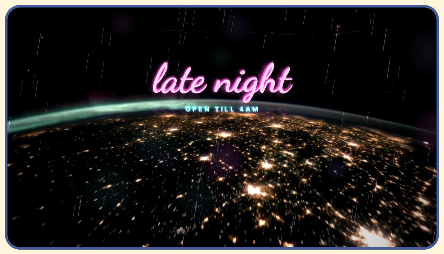 The same project in a wide 16:9 frame with a neon overlay